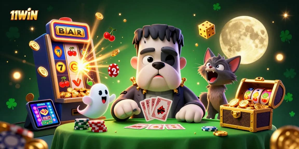 11WIN showcases thrilling casino excitement as a cartoon bulldog deals cards among a jackpot scene.