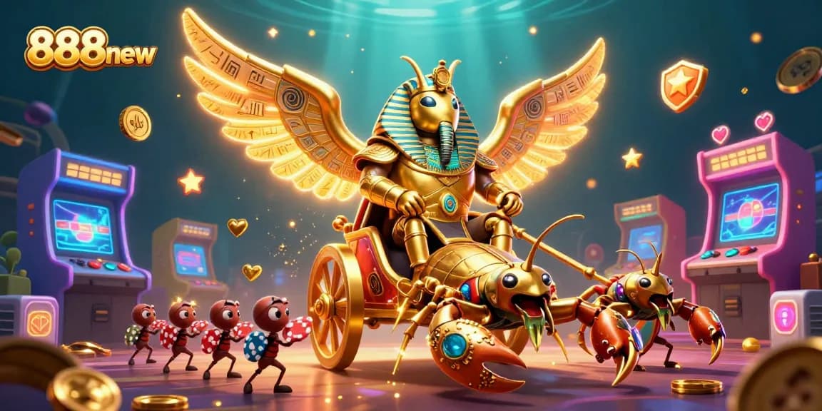 Engage with immersive 888new gaming scenes featuring a golden scarab beetle in a casino setting.