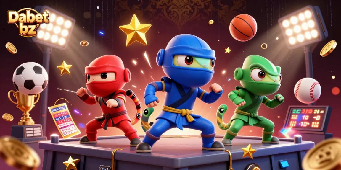 Dabet bz showcases a dynamic 3D illustration featuring ninja chameleons in action-packed poses among sports elements and vibrant lighting.