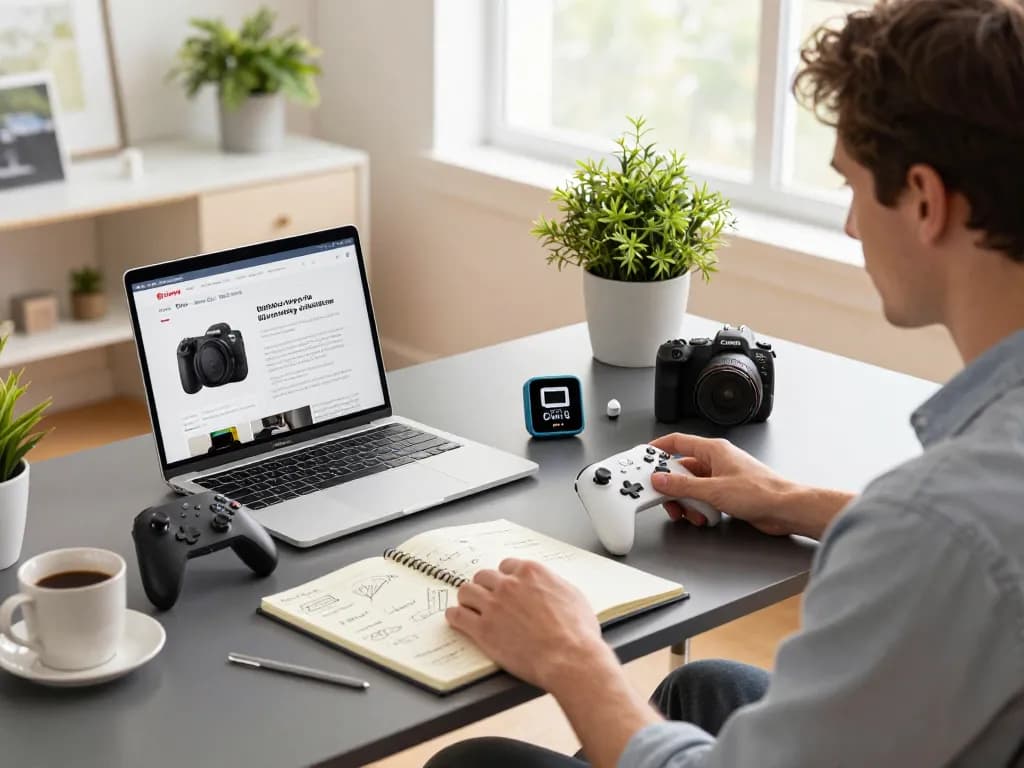 Discover cool tech gadgets under $177 in a modern home office setup featuring Bluetooth devices and a stylish workspace.