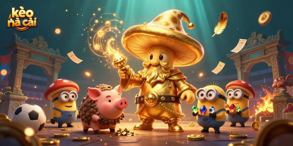 Engage in kèo nhà cái excitement with a magical scene of a mushroom wizard capturing treasures.