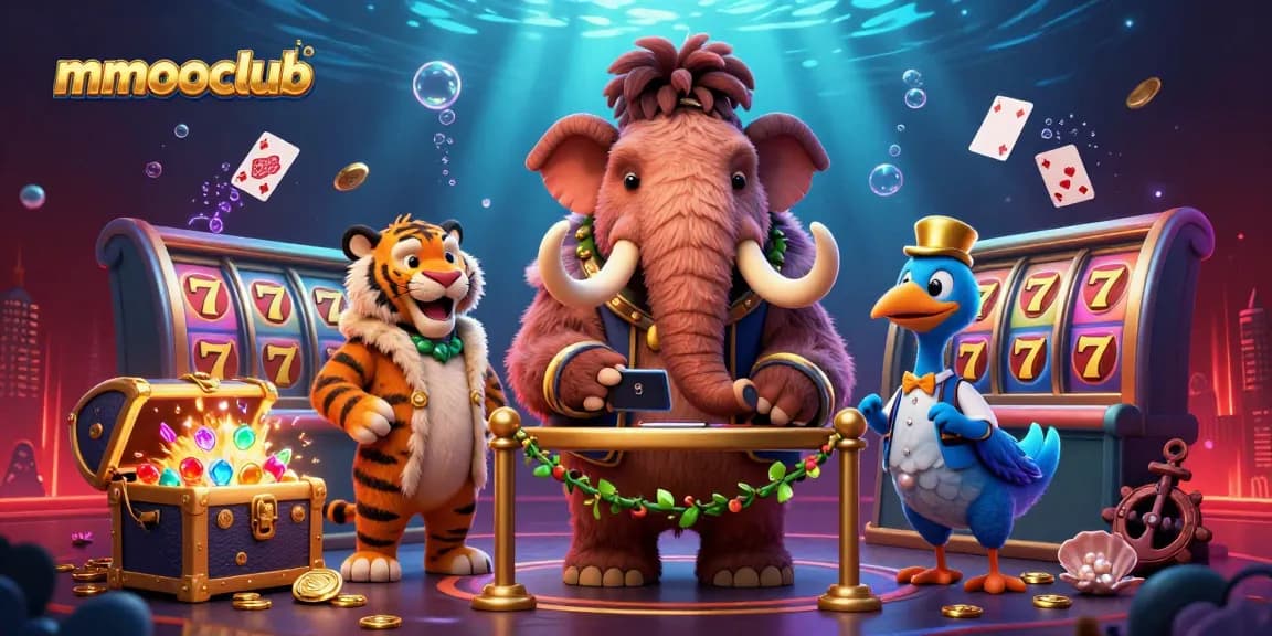 mmooclub showcases a vibrant underwater casino scene with a woolly mammoth bouncer and rich gaming elements.