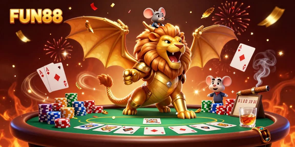 Experience the thrill of FUN88 gaming with a vibrant casino scene filled with poker elements.