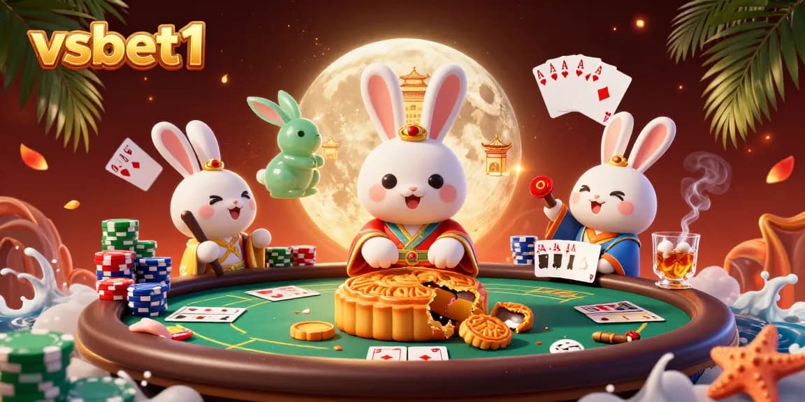Win big with vsbet1 at this vibrant casino scene featuring golden mooncakes and poker elements.
