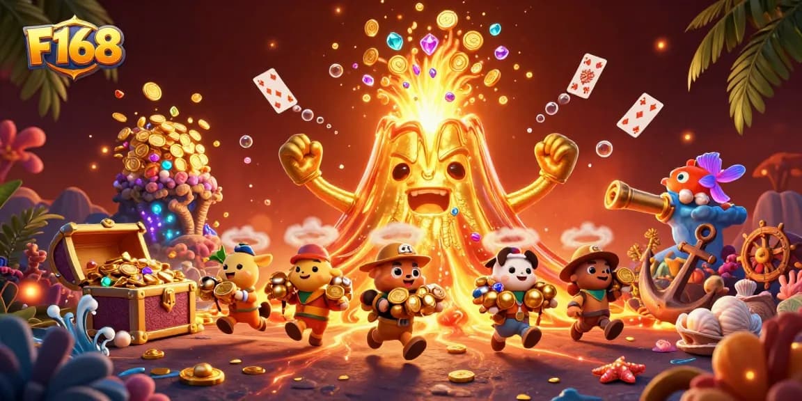 Win big with F168 in this vibrant underwater treasure scene featuring colorful characters and coins.