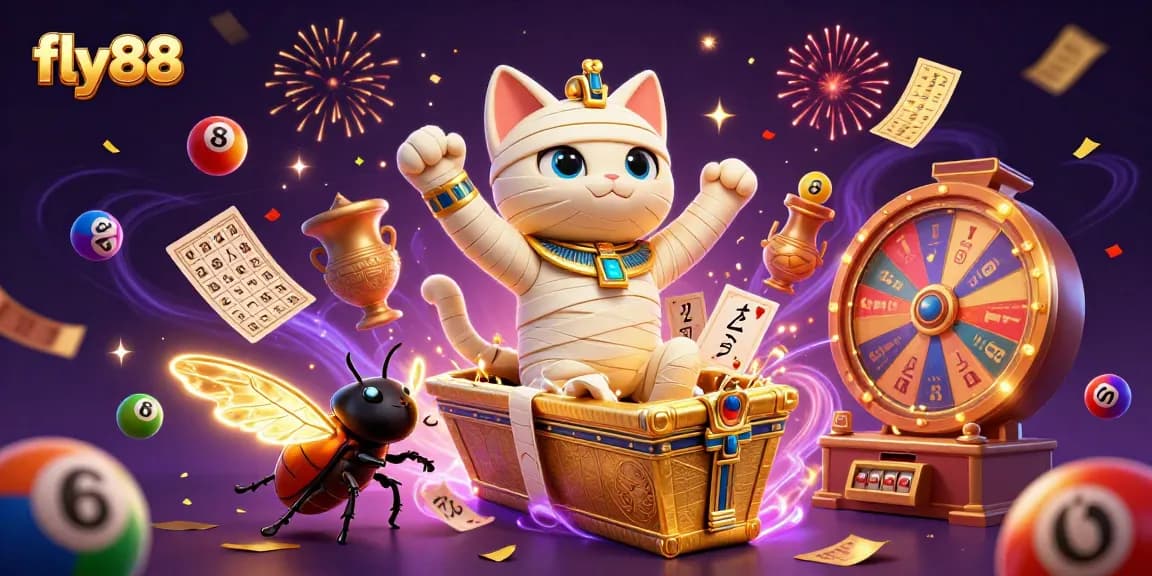 Experience the thrill of fly88 with a lively scene featuring a mummy cat and dynamic casino elements.