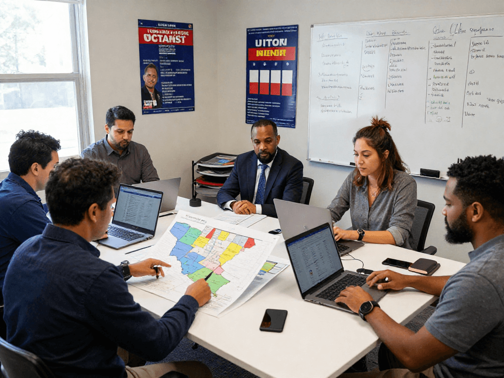 Ballot measure campaign agency team strategizing in a vibrant office environment with data-driven plans.
