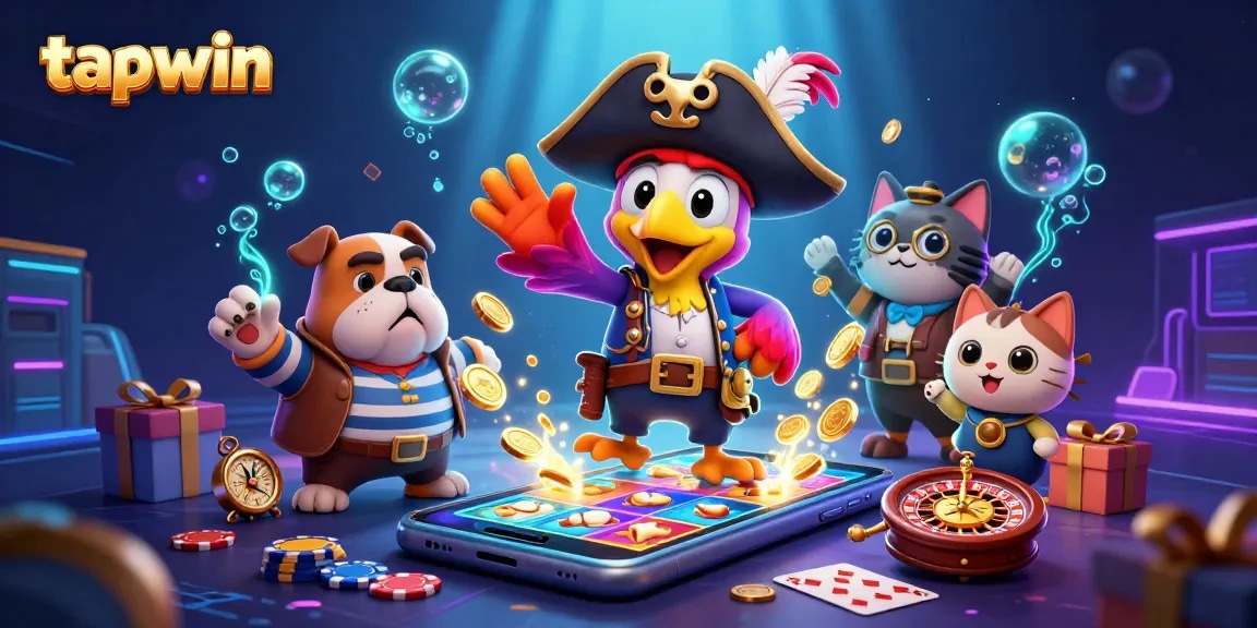 Experience the thrill of tapwin with a captivating 3D casino scene featuring a pirate captain and gaming elements.