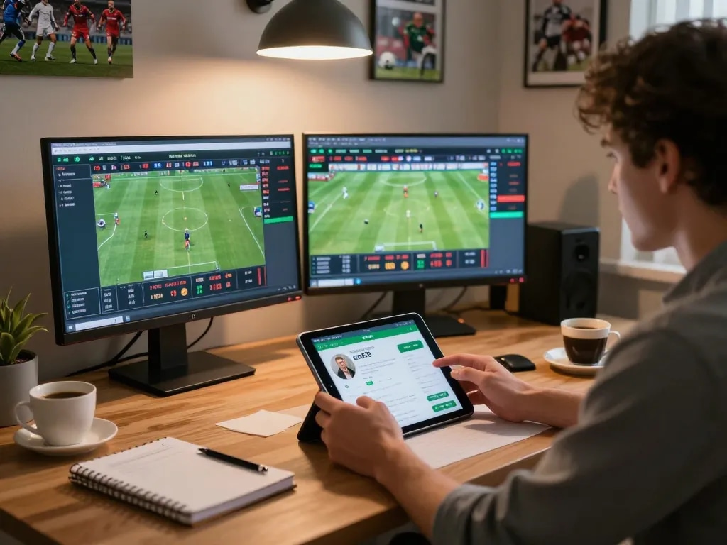 Engaging in online sports betting with cm88 app on tablet and smartphone in a modern home office.