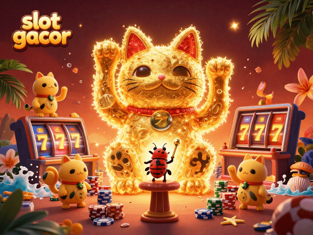 Experience slot gacor excitement with a vibrant 3D illustration showcasing a lucky cat and casino symbols.