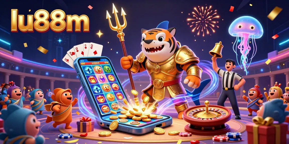 Experience thrilling gameplay with lu88m, featuring a vibrant underwater casino scene with a tiger shark and slot games.