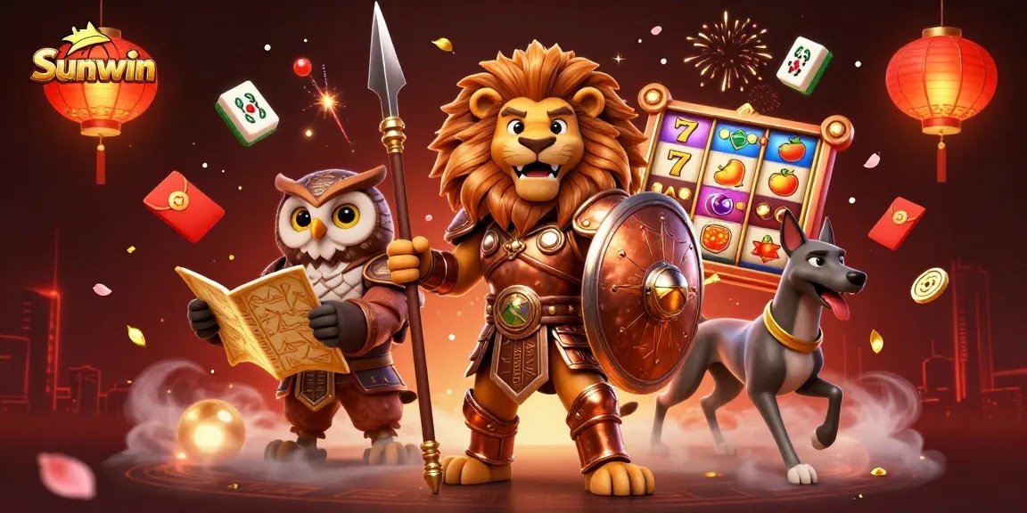 Sunwin showcases a vibrant scene with Spartan lion, owl strategist, and greyhound amidst casino symbols.