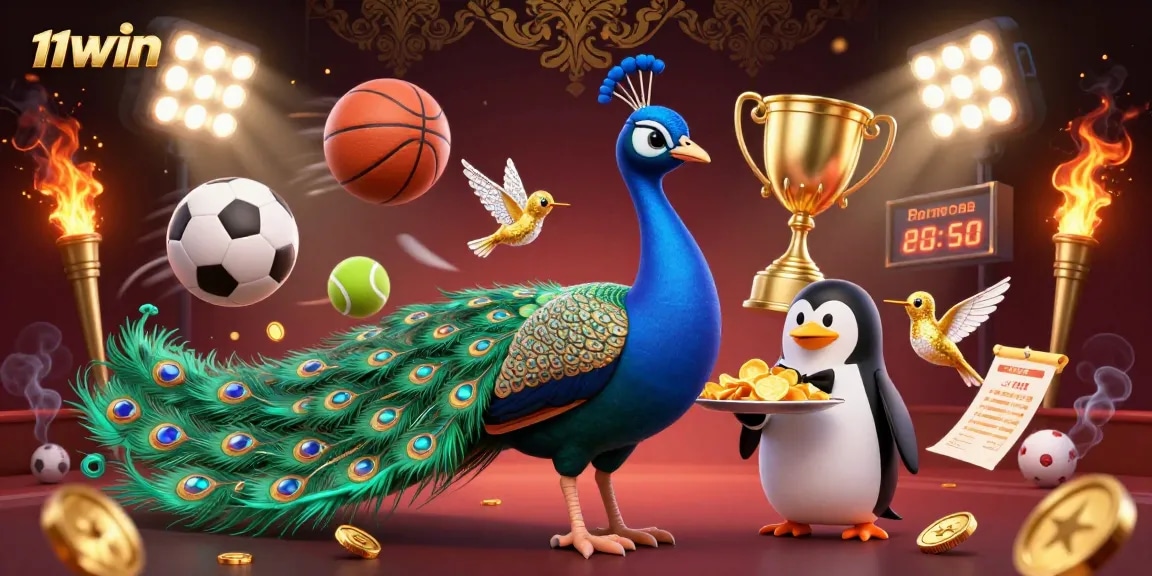 Experience thrilling sports betting with 11WIN illustrated by a peacock, penguin, and dynamic elements.