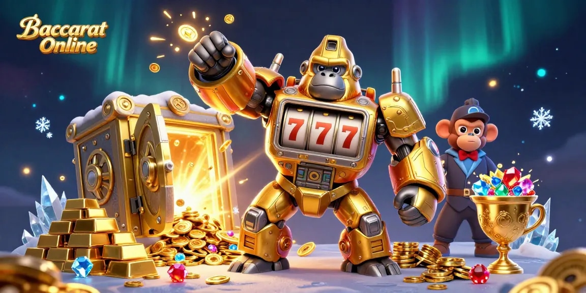 Baccarat Online immersive 3D illustration showcasing a golden gorilla mech in an exciting casino environment.