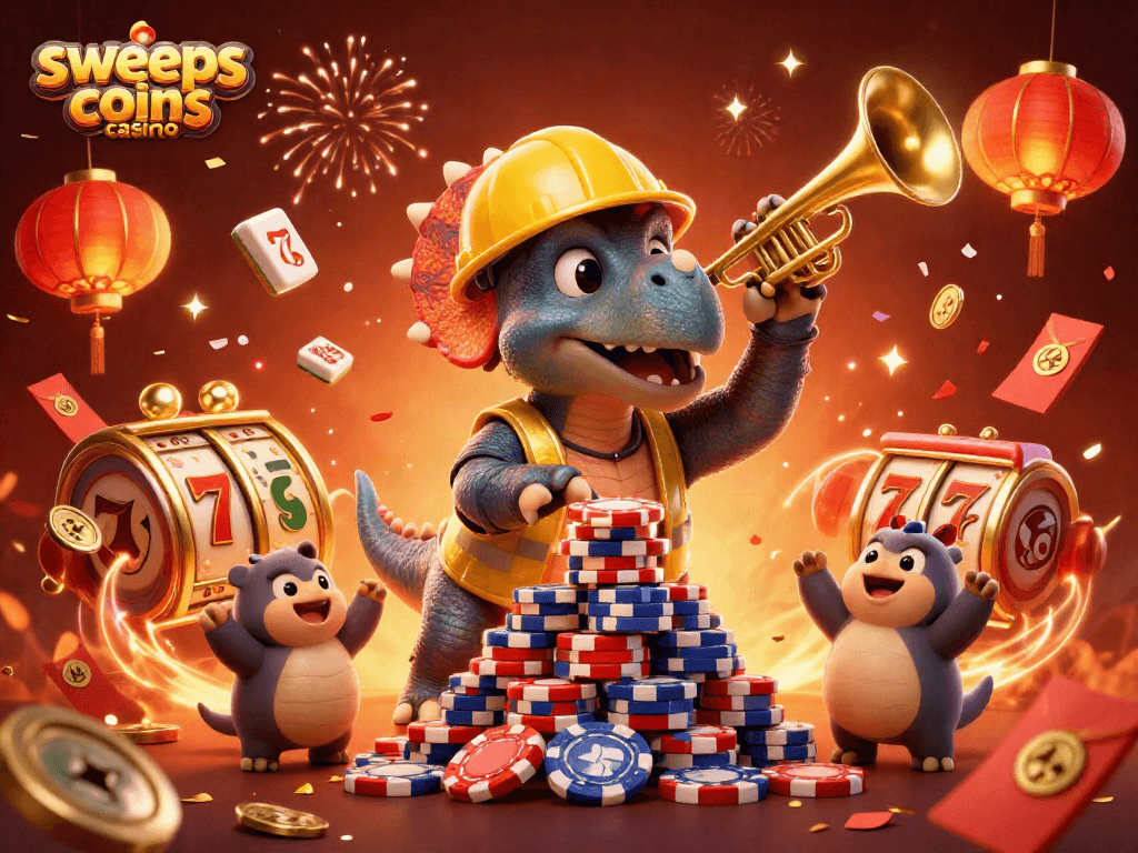 Sweeps coins casino scene with a triceratops building poker chips, festive elements swirling