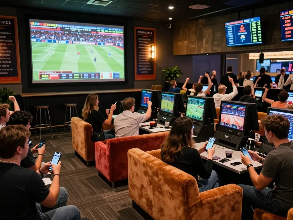 79king players cheering while placing bets in a lively sports betting parlor atmosphere.