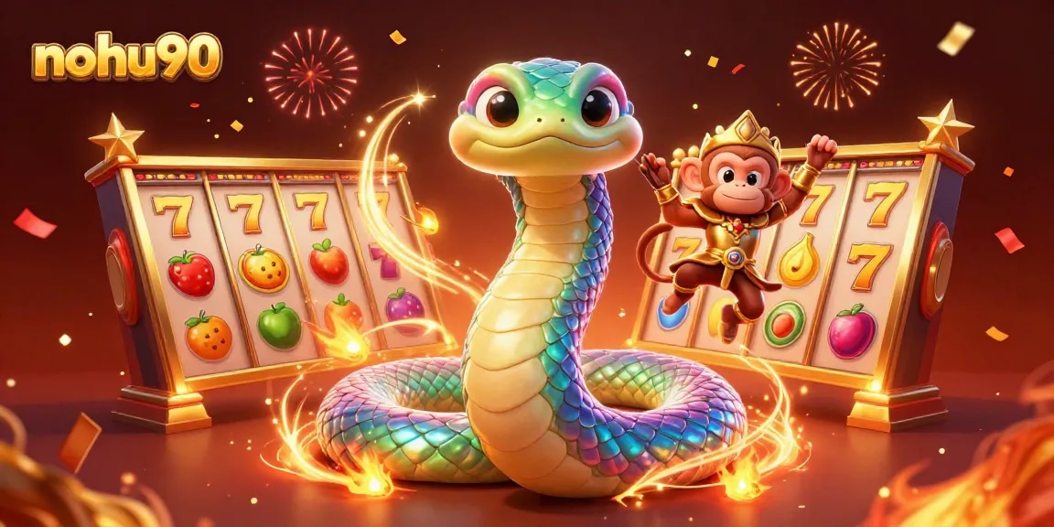 Experience the excitement of nohu90 with a vibrant 3D illustration showcasing slots and dynamic characters.