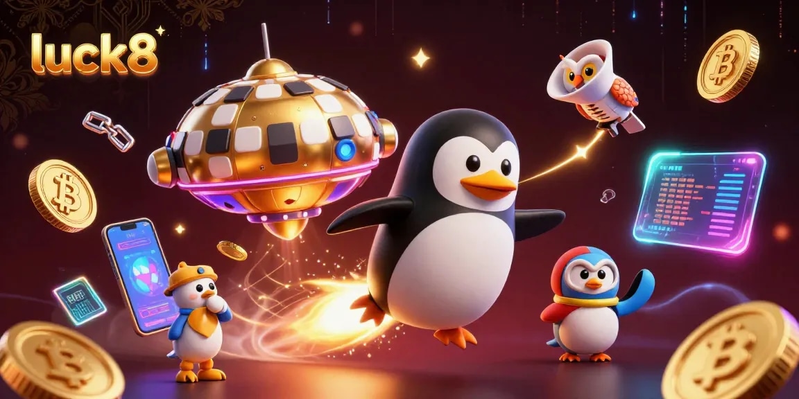 Win big with luck8 in a vibrant casino illustration featuring a rocket-powered penguin and Bitcoin coins.