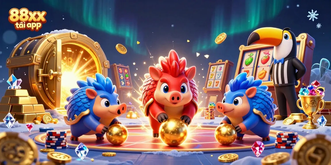 Experience the thrill of betting with 88xx tải app in a vibrant casino scene featuring playful pangolins and rich treasure.