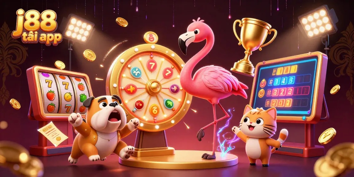 Spin the j88 tải app prize wheel featuring dynamic casino elements and vibrant characters.