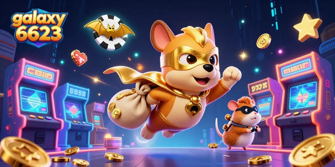 Engage in thrilling casino adventures with galaxy 6623 as a superhero dog and sidekick hamster fly through vibrant gaming landscapes.