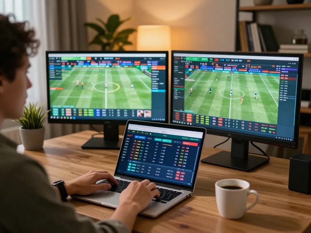 CM88 sports betting scene with user engaging in live betting analysis at home.