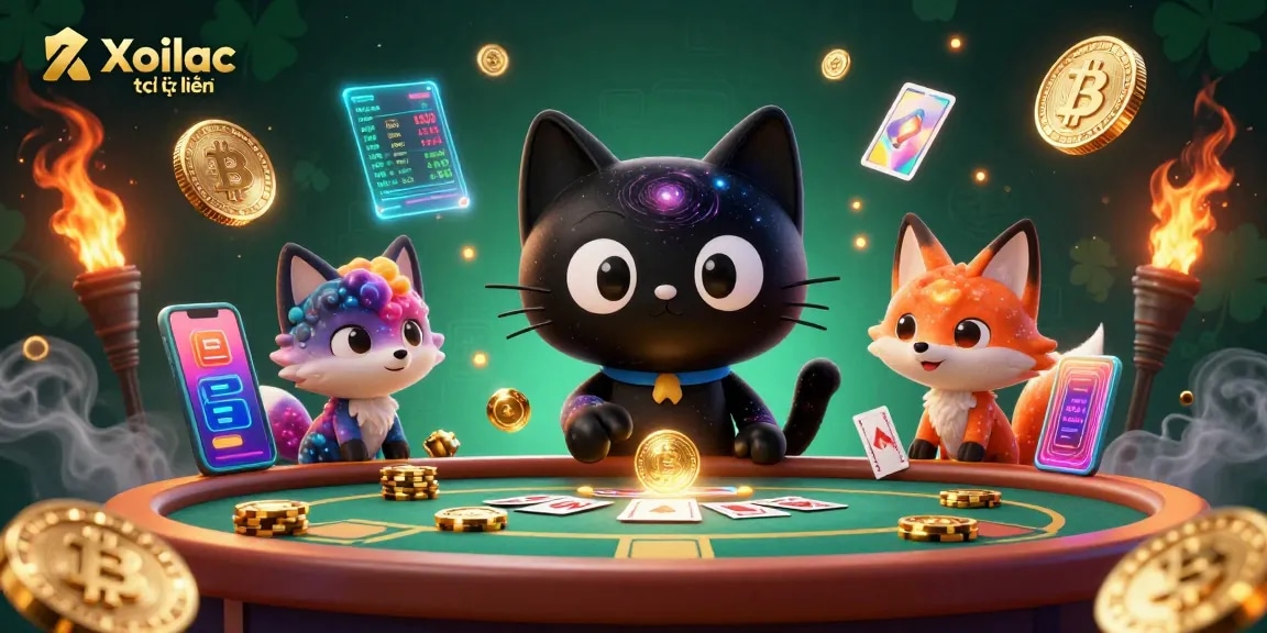 Experience Xoilac trực tuyến with a 3D cartoon cosmic gambling scene featuring vibrant characters and digital elements.