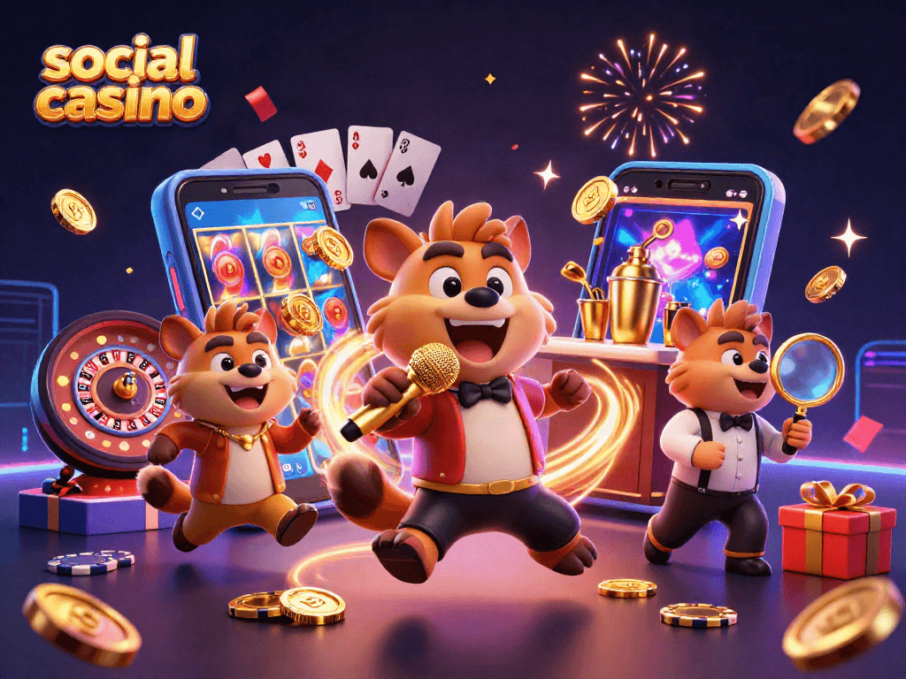 Engage in the vibrant social casino scene with hyenas at a comedy club, mixing cocktails and checking IDs.