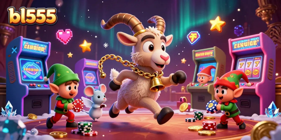Playing at the bl555 casino, a 3D cartoon goat oversees a vibrant game scene filled with excitement.