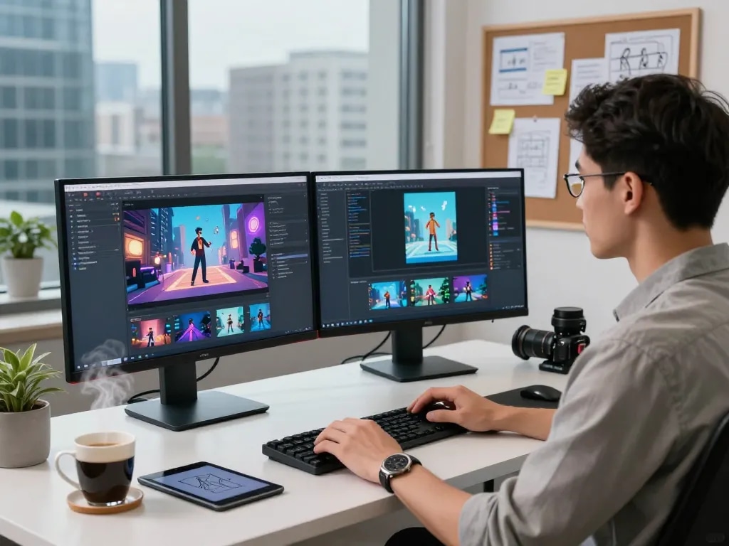 Creative workspace showcasing motion AI project with coding and video rendering tools.