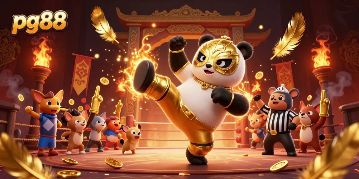 Experience the excitement of pg88 with a vibrant 3D illustration of a panda wrestler kicking, amid cheering animal spectators.