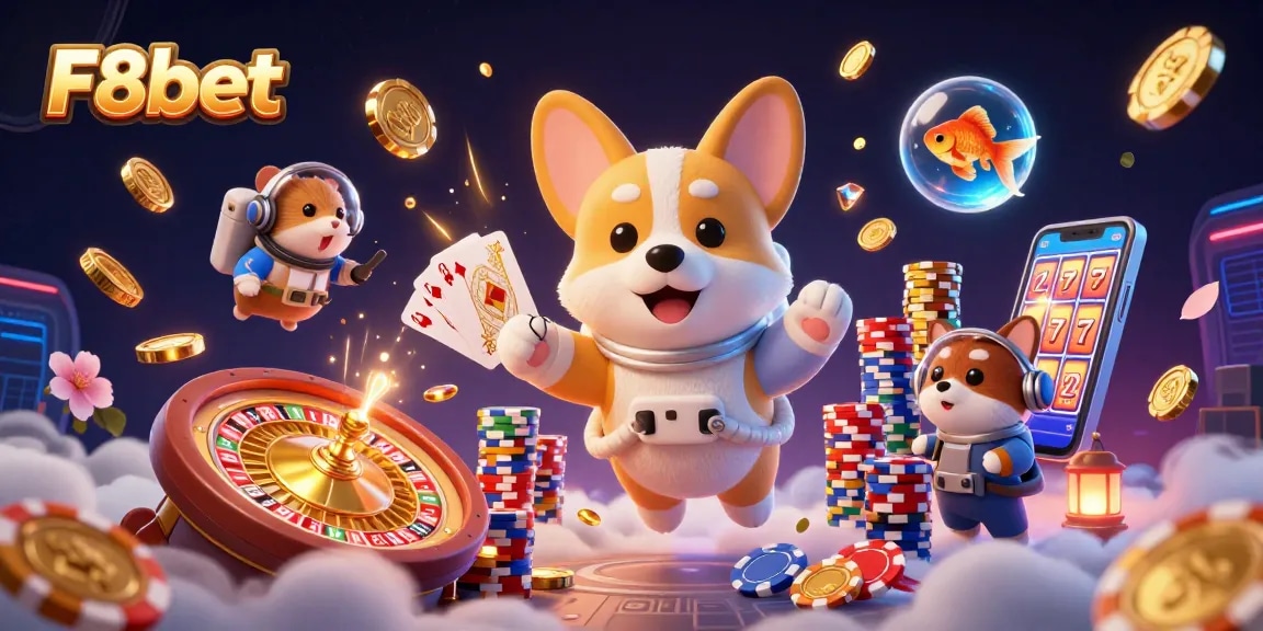 Experience thrilling gameplay at F8bet with a vibrant space casino scene featuring a floating astronaut corgi and more.