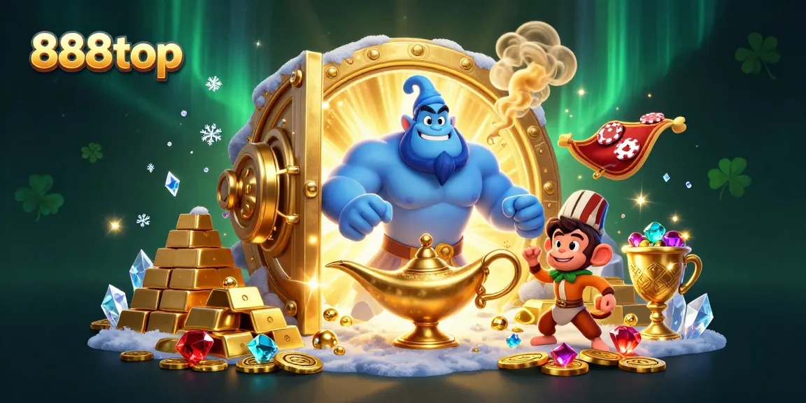 Engage with 888top's gaming adventure with a mystical genie and treasures in vibrant casino scene.