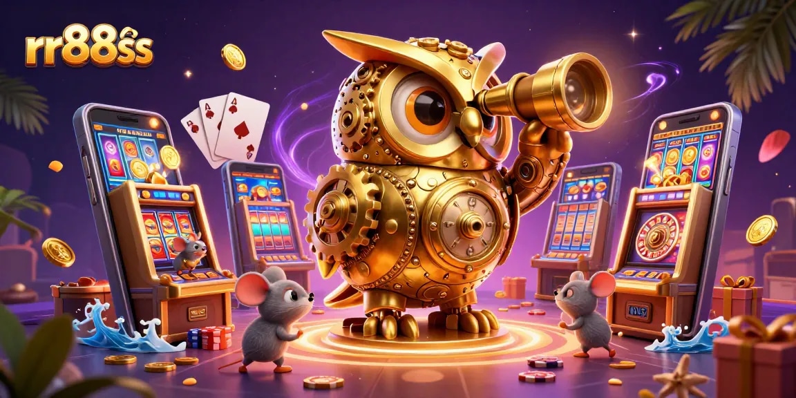Explore rr88ss's vibrant casino scene, featuring a clockwork owl and mice enjoying slot machines.