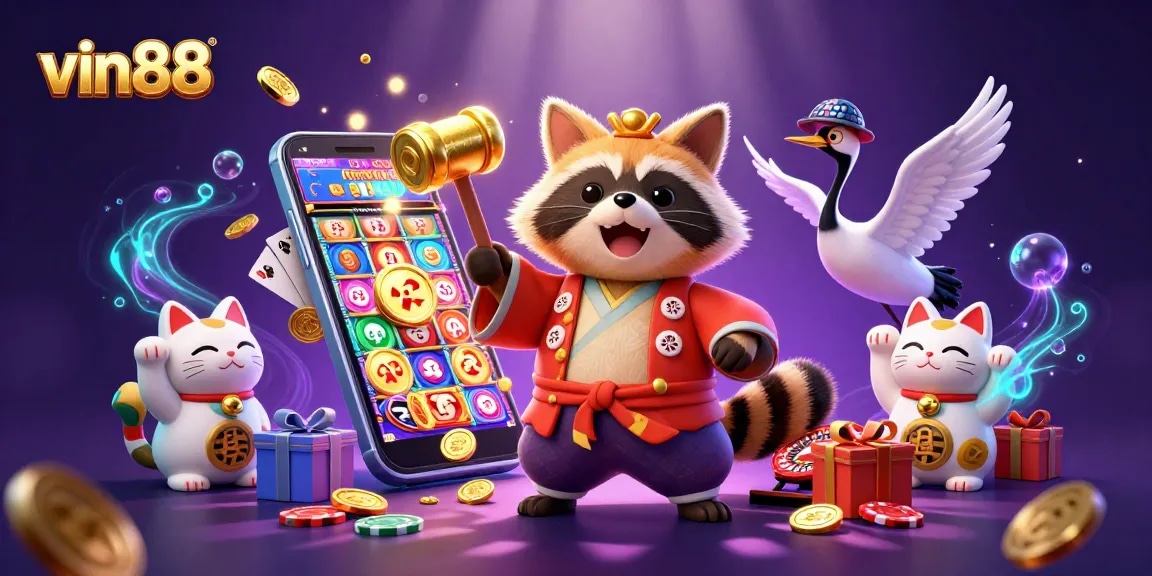 Spin slots and win with vin88 in this vibrant celebration featuring lucky tanuki, crane, and fortune cats!