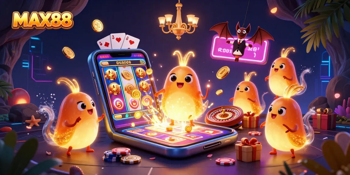 MAX88 players engaging with immersive 3D casino illustration featuring glowworms and bat dealer