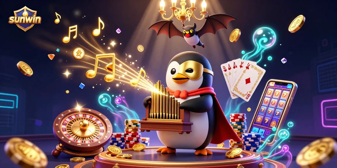 Experience excitement with sunwin's thrilling 3D casino scene featuring a penguin organist and acrobatic bat.