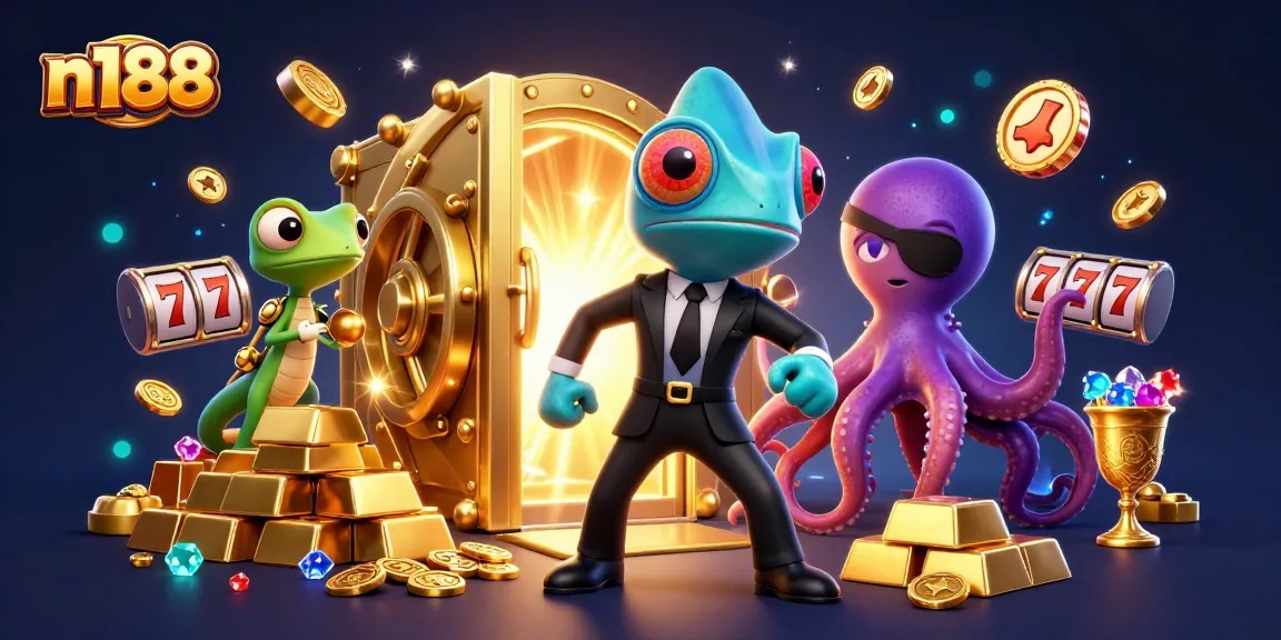 Experience thrilling wins with n188, a vibrant 3D casino scene showcasing fun characters, jackpots, and dynamic gaming action.