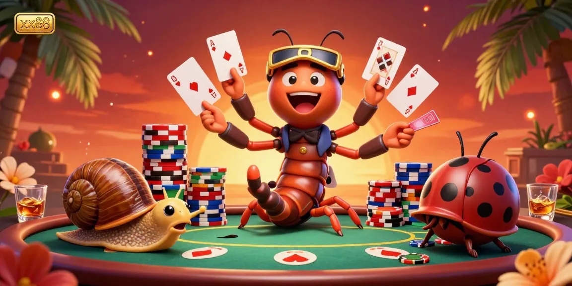 Experience thrilling gameplay at xx88 with a vibrant 3D casino scene featuring playful characters and rich gambling elements.