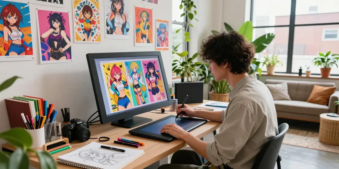 Creating unique ai ecchi artwork in a vibrant digital art studio with an artist at a graphics tablet.