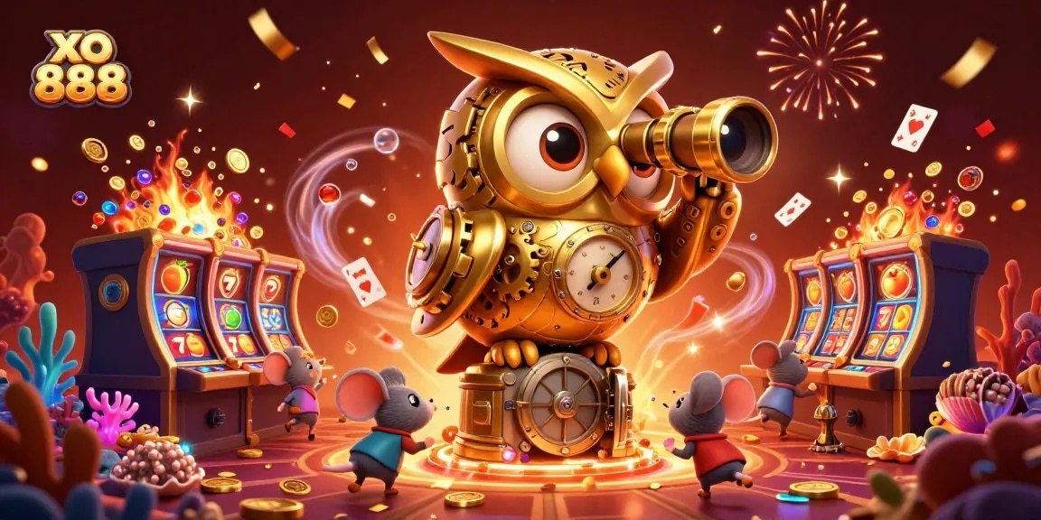 Spin the reels with xo 888, featuring a clockwork owl amidst colorful slots and magical treasures.