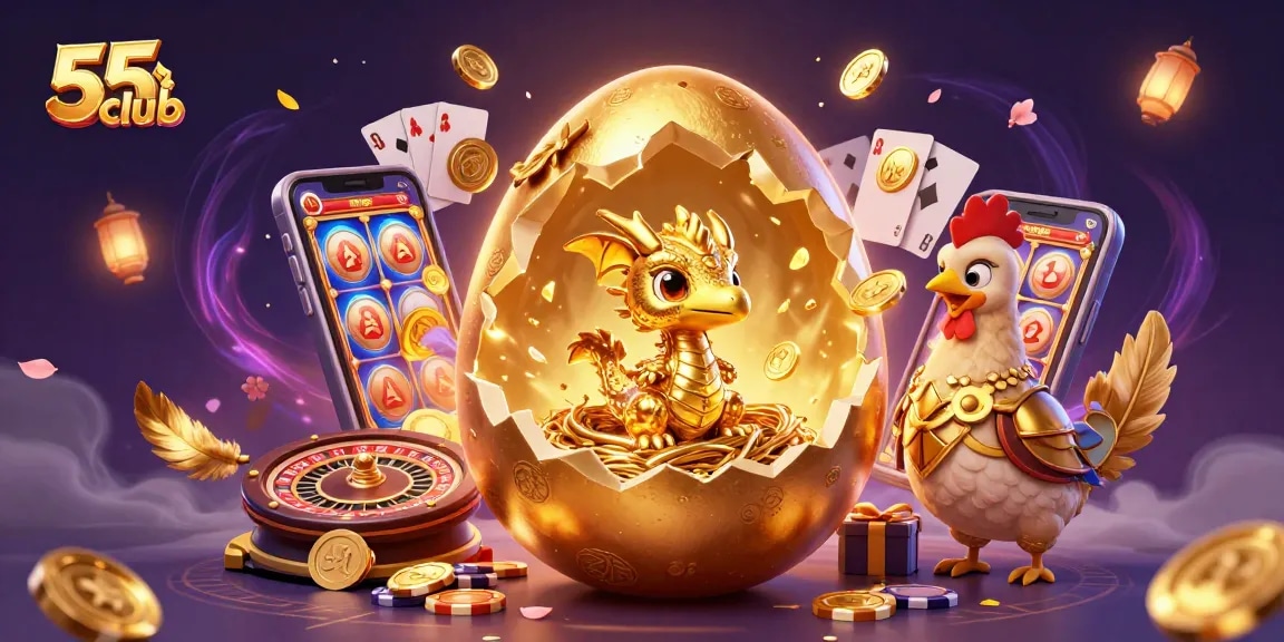 Engage with 55club's vibrant 3D casino scene featuring a golden baby dragon among slot games and poker chips.