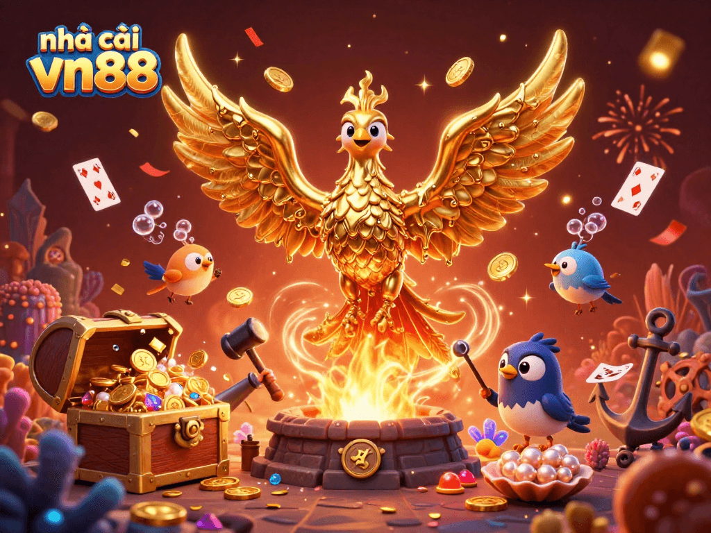Experience thrilling wins at nhà cái vn88 with an enchanting golden phoenix and vibrant casino elements.
