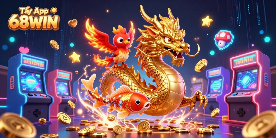 Tải App 68WIN to enjoy seamless mobile betting with a stunning dragon and phoenix illustration.