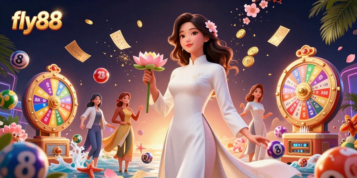 Engage with fly88's vibrant lottery scene featuring an elegant Asian woman holding lucky symbols and colorful lottery elements.