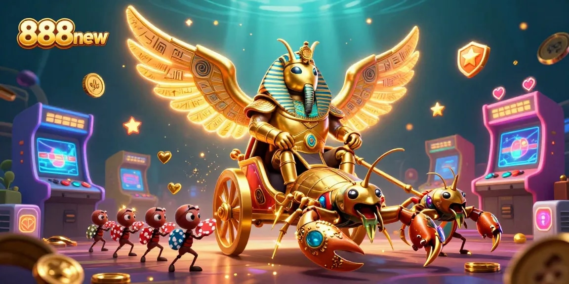 Engage with immersive 888new gaming scenes featuring a golden scarab beetle in a casino setting.