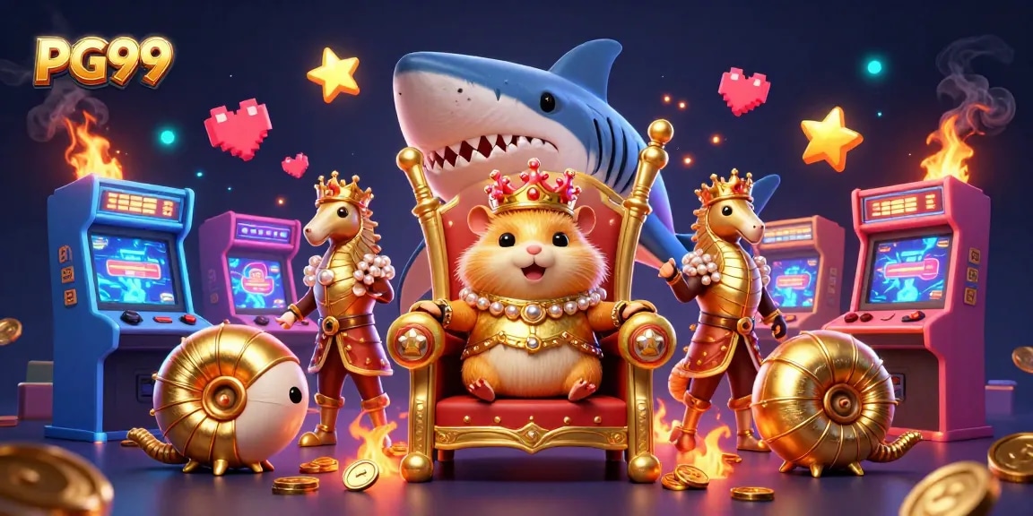 Play and win at PG99 with a vibrant 3D casino scene featuring a hamster king, thrilling game machines, and glowing treasures.
