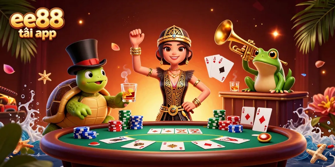 Engage with the thrilling ee88 tải app experience at a vibrant casino, showcasing exciting poker gameplay.