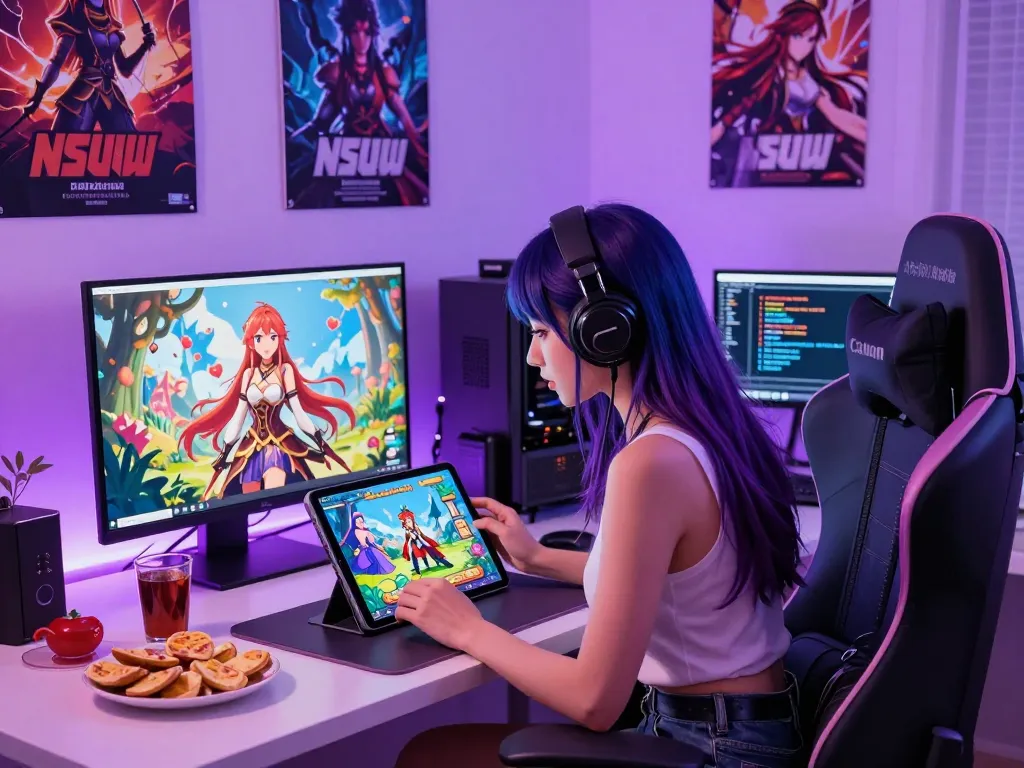 Engaging digital gaming scene showcasing popular porn games html in a cozy gaming setup with animated characters and vibrant atmosphere.