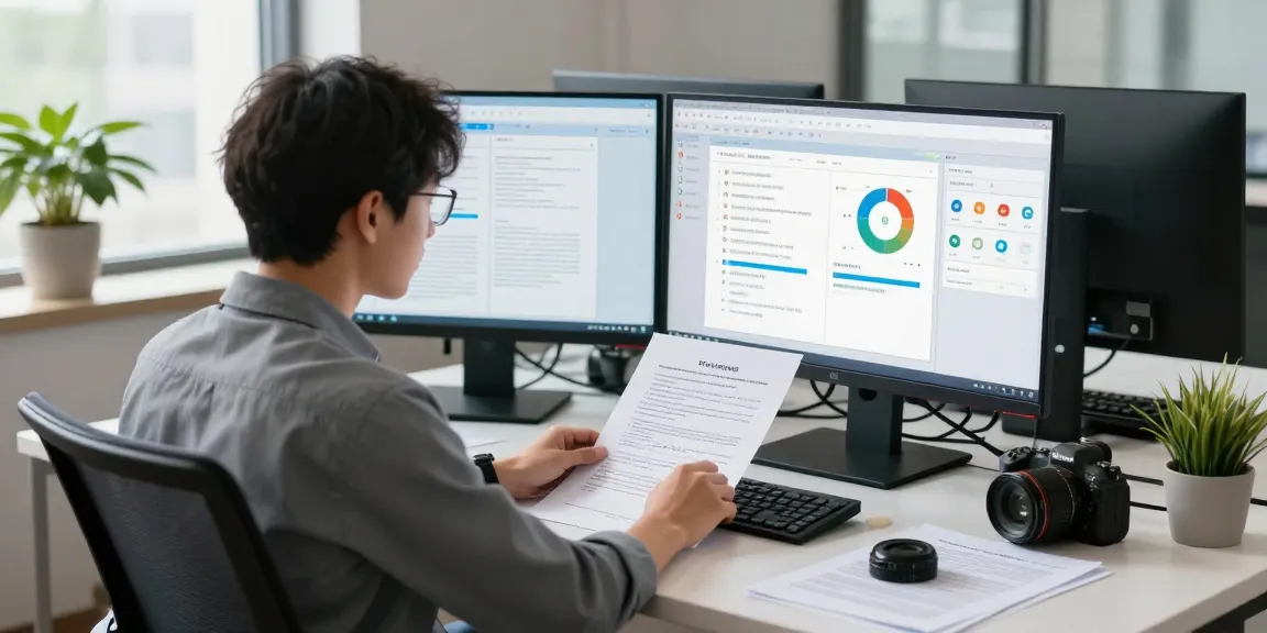 Professional analyzing document fraud detection tools in a modern office.